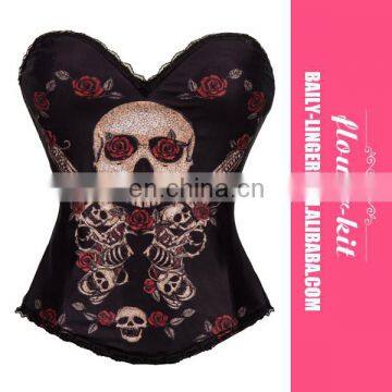 Rose And Skull Sexy Corset Bustier Tops Black Cotton Push Up Corsets And Bustiers