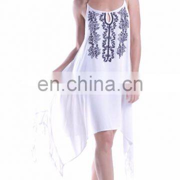 New Arrival Boho Look Rayon Short Spaghetti Strap Dress With Embroided Neck