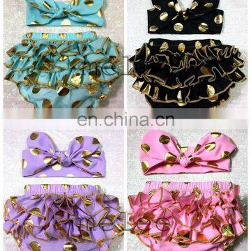 Girls Gold Polka Dot Shorts Baby Bloomers + Headbands 2pc Set Children Ruffled Shorts Kids Cotton Underwear Girls Boutique Short photo-3