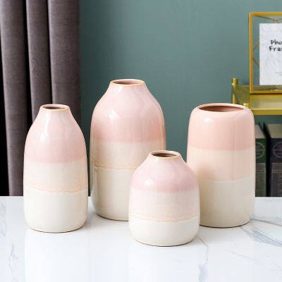 Morandi Color Pink And White Gradient Ramp Nordic Style Ceramic Vase For Study And Living Room