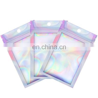 Custom printed Holographic Pouch Zip lock Mylar Bags clear window Reclosable Food Storage Resealable cosmetic packaging bags