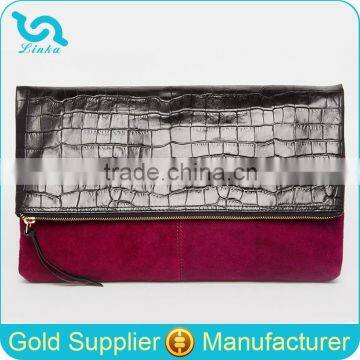 Fashion Foldover Marsala Burgundy Suede Clutch Bag With Crocodile Pattern Flap