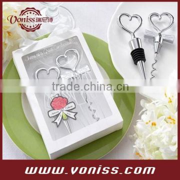 Silver heart-shape wine bottle stopper and corkscrew for weding, Lovely Bride & Groom Style Stopper,wedding gift