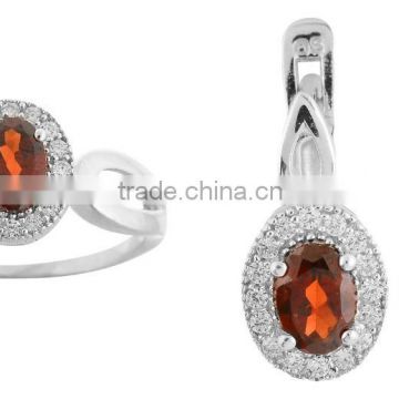 Natural Garnet Stone Fashion 925 Sterling Silver Ring Earring Set