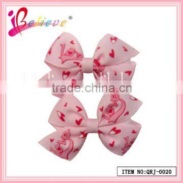 Pink love heart grosgrain ribbon bow hair clips grils valentines day ribbon bow gift (QRJ-0020)