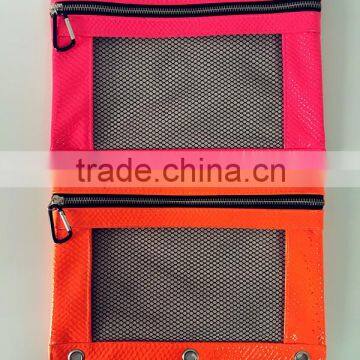 fluorescent Pencil Pouch with Mesh Window, Zippered Nylon Mesh Pencil Pouch, 3-Ring Pencil Pouch with a Mesh Window