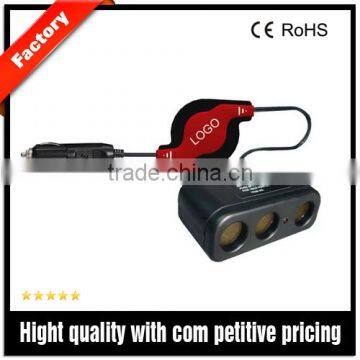 12V 3-Way Female Cigarette Lighter Socket with Retractable Cord Reel