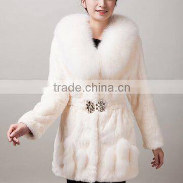 2016 New fashion rex rabbit fur coat with fox fur collar