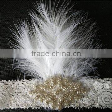 New Design Rhinestone Crown Applique With Feather Lace Headband For Babies