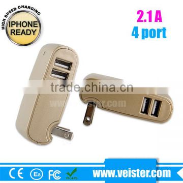 High quality! silver & black 5V2.1A 4 Port phone ac home wall charger wiht US folding plug for iphone 5