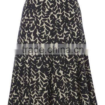 2015 European Lady Fashion Linen Leaf Printed Midi Skirt