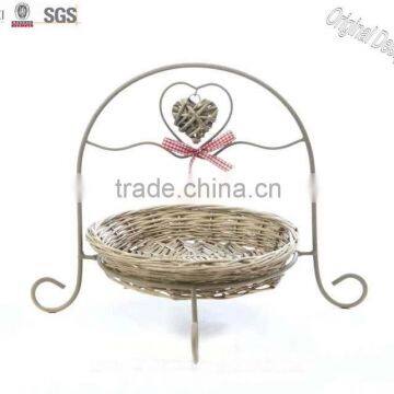 Singel Tier Rustic Metal Stand with Wicker Plate and Wicker Heart and Ribbon Bow Decorated