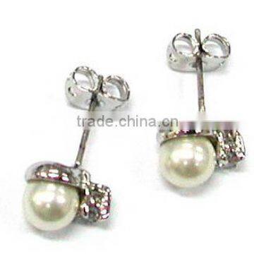 Trendy metal silver plate with white pearl earrings ,decorated with crystal,Customized Colors or LOGO and OEM design accept