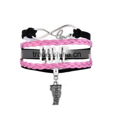 Fashion Faith Style i Love Vermont Antique Silver Infinity Love Charms Bracelet Wax Cords Leather Bracelet photo-2