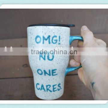 OMG No One Cares - Snarky Travel Mug - 20 oz. Handpainted Ceramic Mug with Lid - White and Teal Splatters