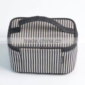 Polyester Toiletry Organizer Bag White Strips Print Travel Cosmetic Bag With Mirror Inside