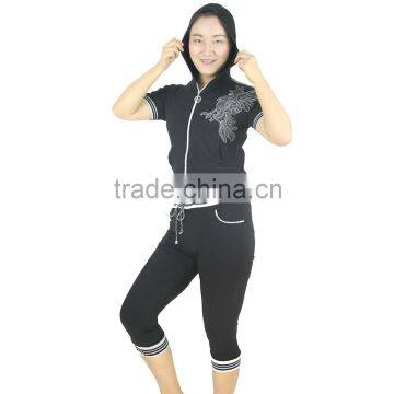 Women Short Sport Jogging Suit Cotton Jersey Shiny Emb. & Print Full Zipper Hooded photo-3