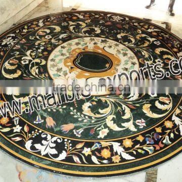 Large Green Marble Round Shape Dinning Table Top, Pietra Dura Marble Table