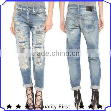 OEM fashion jeans with heavy fading and ripped desinger women damaged jeans