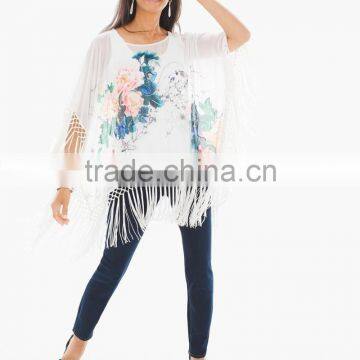 women's sheer print chiffon tassels poncho tops