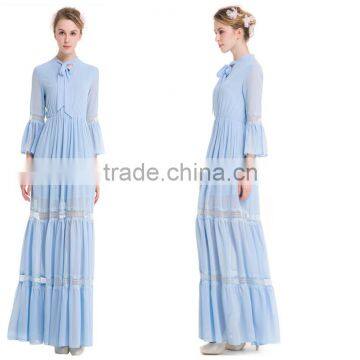 Woman Fashion Self Tie Collar 3/4 Sleeve Chiffon Long Maxi Dress