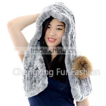 CX-C-242F Ladies Hand Knit Rex Rabbit Fur Hooded Scarf Winter Hats Women photo-3