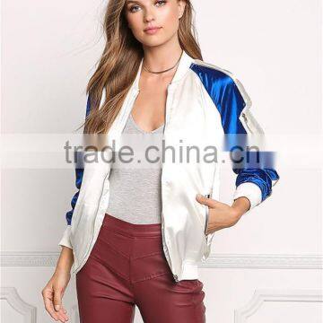 MGOO Fashion Foshan Manufacturer Custom Satin Baseball Jackets For Women White And Blue Block Bomber Jackets photo-2