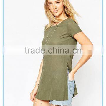 Polyester And Viscose fabric women t-shirt blank Tunic Top with Side Split clothing