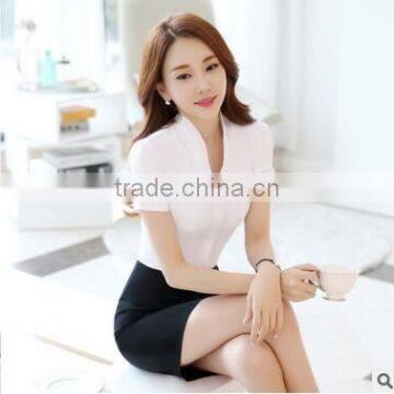 2017 Korean Design Pure Color Short Sleeve Polyester & Cotton Mix Ladies Tops Fashion Women Blouse photo-2