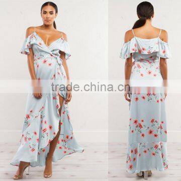 Mature Women Floral Wrap Dresses 2018 Cold Shoulder Frill Maxi Dress photo-3