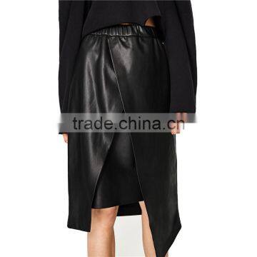 2017 OEM Spring Asymmetrical Black PU Knee Length Skirts photo-2