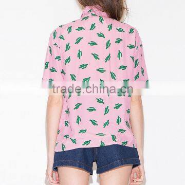 Women's Sweet Cactus Print Single-breasted 100% Cotton Casual Short Sleeve Pink Shirt photo-2