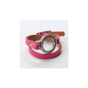 Pink Genuine Leather Wrap Bracelet With Alloy Floating Locket