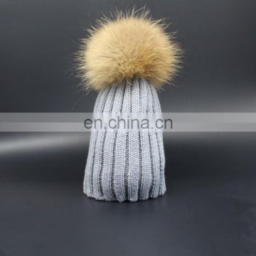 Wholesale Low Price Baby Funky Knitted Hat With Cute Fur Pom Pom