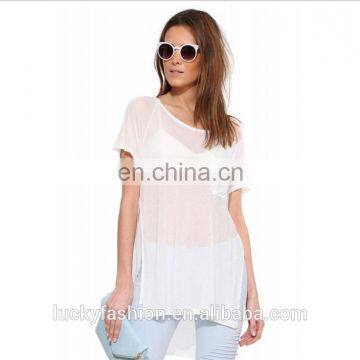 Oem Women Ladies Short Sleeve Blank t Shirt With Pocket With Transparent Chiffon Fabric photo-2