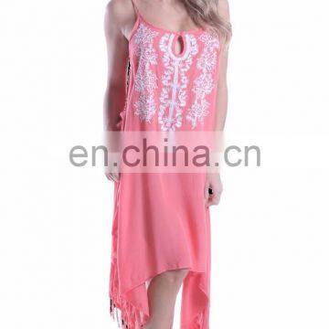 New Arrival Boho Look Rayon Short Spaghetti Strap Dress With Embroided Neck