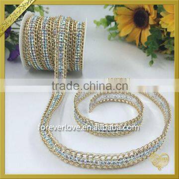 Hot Fix 2 Rows Green Resin Stones Trimming Iron on Glitter Trim Alloy Rhinestone Chain FHRS-014 photo-3