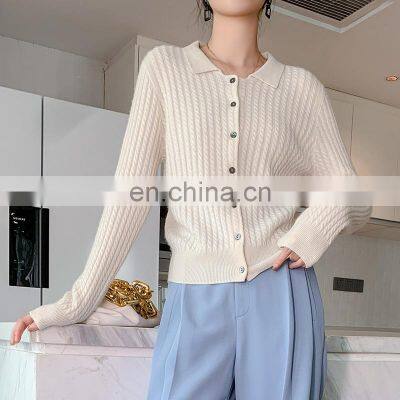 Women Twisted Cashmere Cable Knit Polo Neck Cardigan photo-3