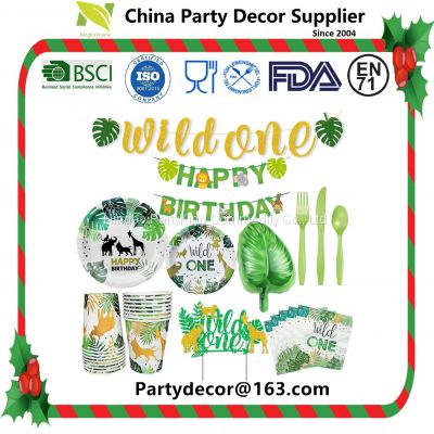 Ningbo PartyKing Cute Cartoon Party Decoration Set Jungle Animal Theme Children Birthday Party Glitter cupcake kit topper banner disposable tableware cutlery balloon.