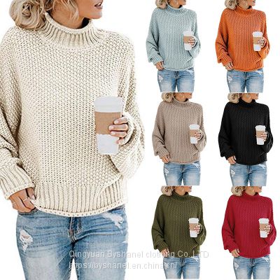 SW14 Women Long Sleeve Cable Knit Loose Sweater Casual Oversized Turtleneck Pullover Sweater