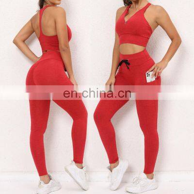 New Style Sexy Half Zip Racerback Sports Gym Bra Scrunch Butt Drawstring Leggings Yoga Suir Set Workout Wear Clothes For Women