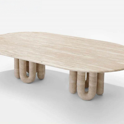 Light Luxury Natural Travertine Marble Stone Coffee Table Modern Minimalist Oval Coffee Table With Roman Column Base
