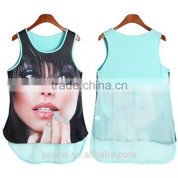 OEM Manufacturer wholesale Breathable sleeveless blue knit + chiffon tank women ladies top                        
                                                                Most Popular