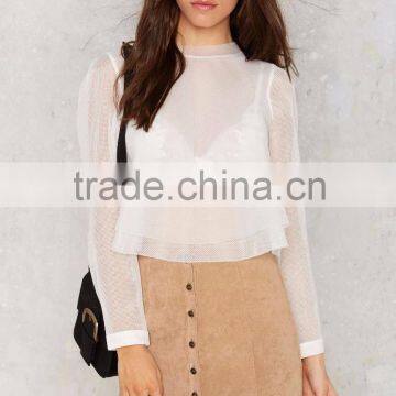 White Crew Neckline Multi Layer Mode Fashion Semi Sheer Chiffon Blouse