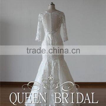 Real Sample Appliqued Lace 3/4 Long Sleeve Fish Style Wedding Dress Price