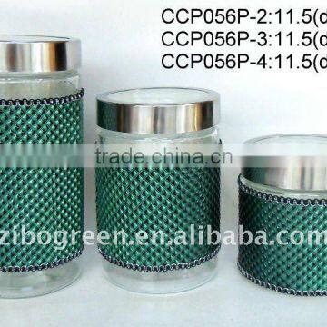 round glass jar with green leather coating(CCP056P)