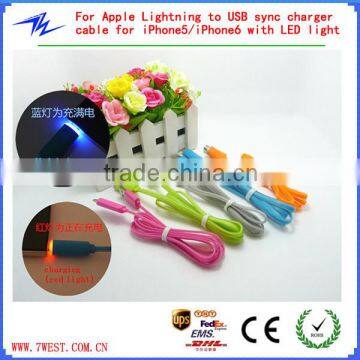 Candy-colored Flat Noodle Type Lightning To USB Cable For iPhone5/iPhone6/iPhone6 plus with LED light