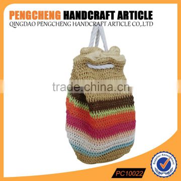 Paper straw backpack multi-purpose women tourism vacation package handbag black and color color stripe beach crochet bag