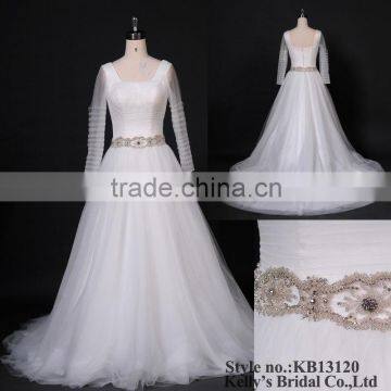 special pleating bodice tulle skirt with heavy beaded belt long sleeve wedding gown