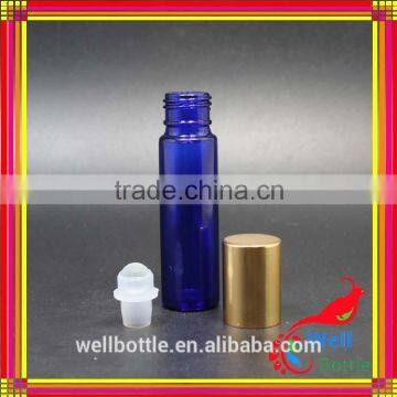 Golden cap long thin blue empty refillable 10ml glass roll on bottle